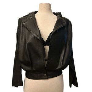 90s Michel Klein France Black Leather Jacket Draped Luxury Couture Coat Hood M